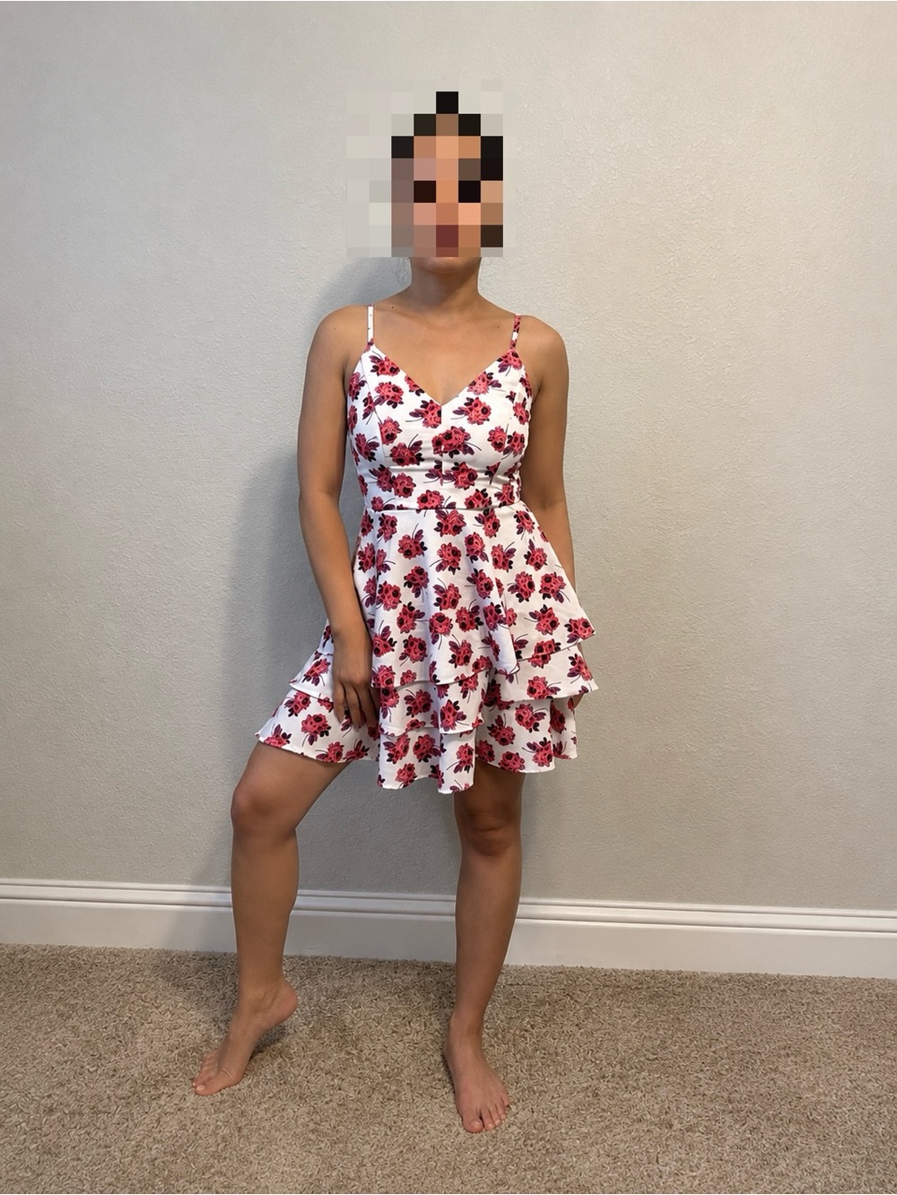 Floral Tiered Mini Dress with Spaghetti Straps - White with Red Floral
